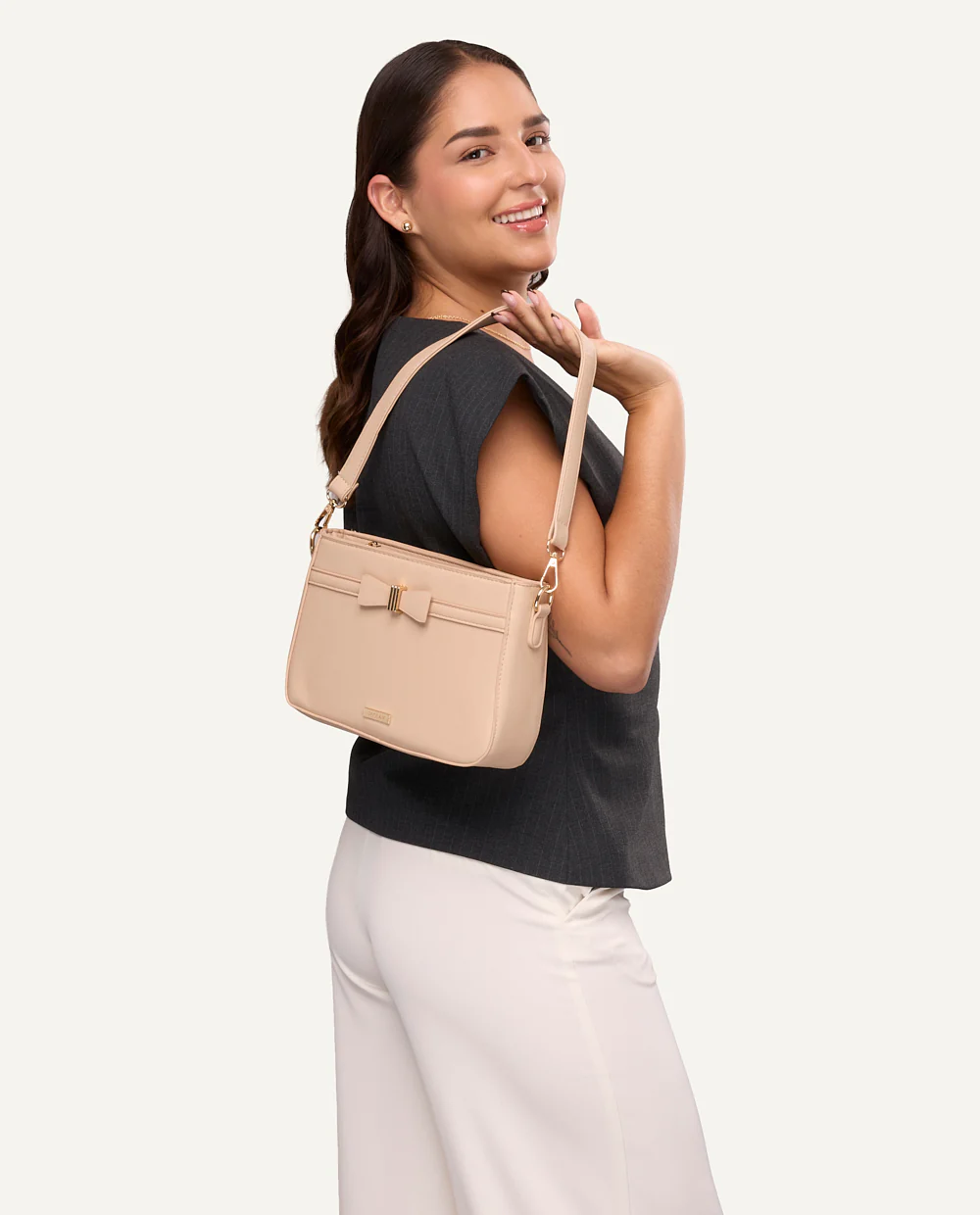 Cartera Crossbody PU Moda Lazo Beige - Image 2