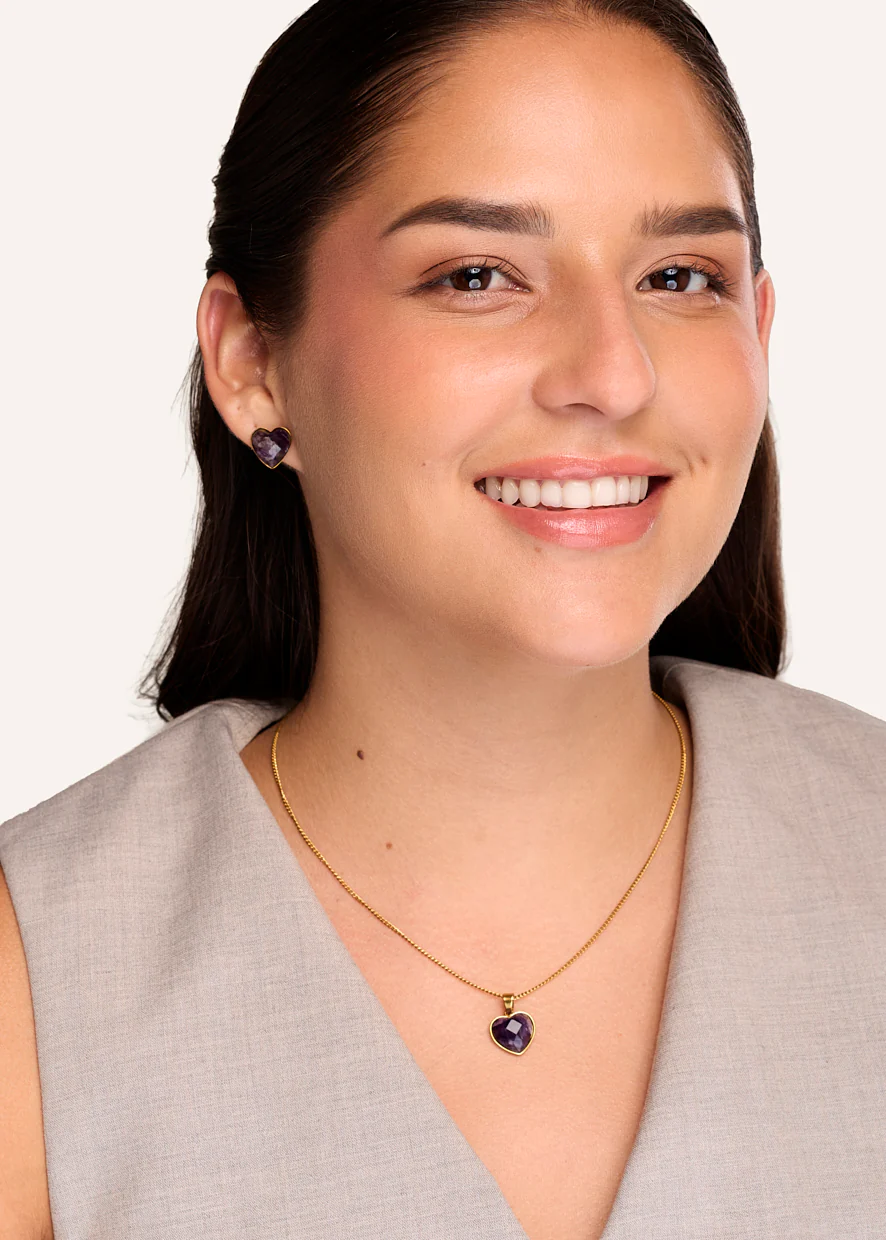 Set Collar + Arete Acero Inoxidable Bañado en Oro Corazón Morado - Image 4
