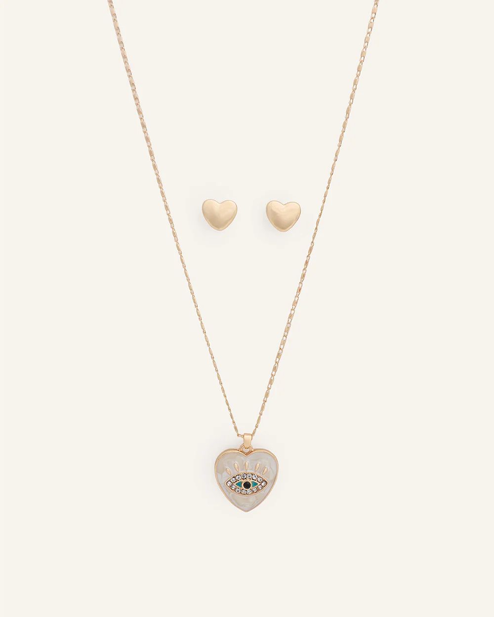 Set Collar + Arete Corazón y Ojo Turco Dorado