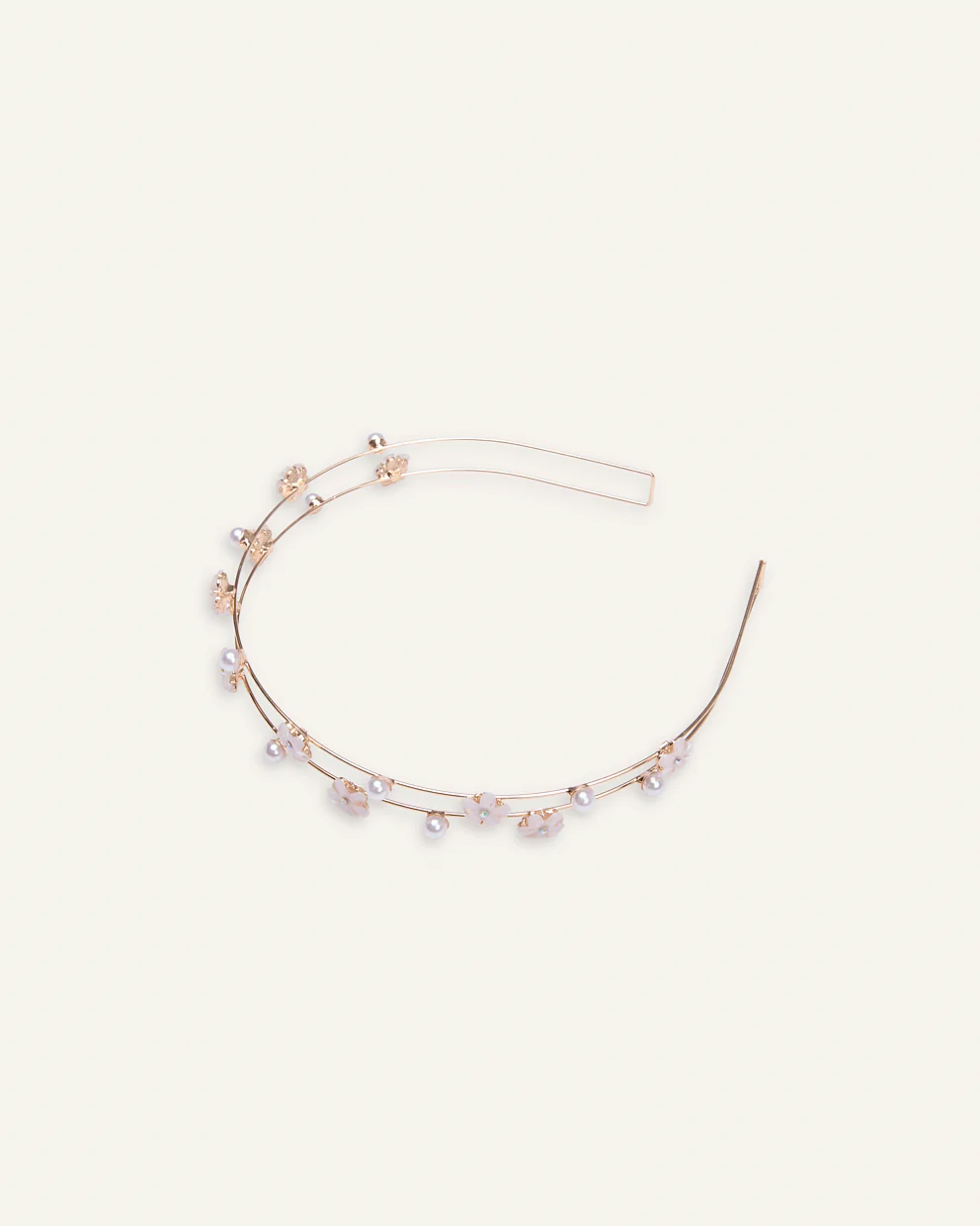 Vincha Moda Perlas y Flores Dorado