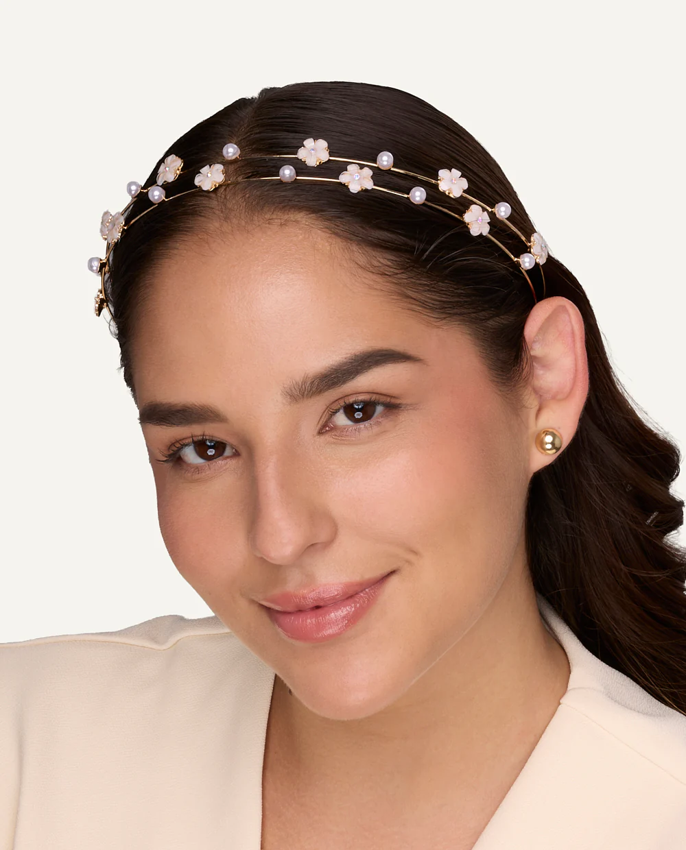 Vincha Moda Perlas y Flores Dorado - Image 2